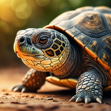 Large, brown turtle with a patterned shell, sitting on a sandy surface and looking directly at the camera.の素材