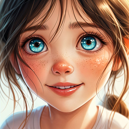 Close-up portrait of a young girl with blue eyes and freckles, set against a soft, light background that highlights her features.の素材