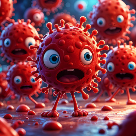 Cartoonish red virus particle with a surprised expression, surrounded by other similar particles on a dark background.の素材