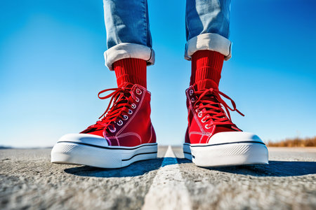 A person standing on a road, wearing red sneakers and blue jeans, with their feet positioned parallel to the road.の素材