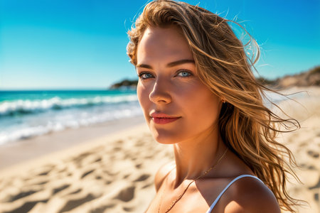 A portrait of a woman standing on a sandy beach with the ocean in the background, under a clear blue sky. She has long blonde hair and is wearing a white top.の素材