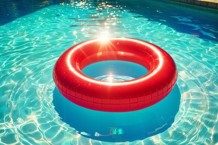 A large red inflatable ring floating on the surface of a swimming pool, with sunlight reflecting off it and creating a halo effect around the ring.の素材
