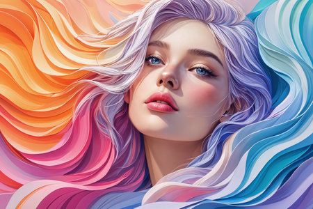 A woman with long, flowing hair in shades of pink, purple, blue and orange. She has striking blue eyes and her lips are slightly parted.の素材