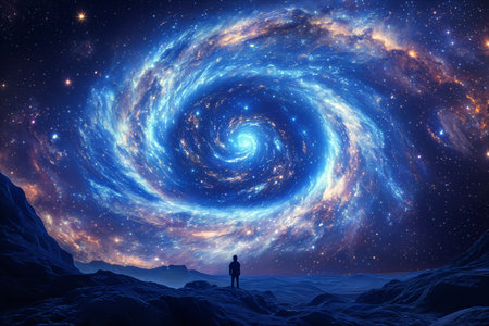 A person standing on a rocky surface, gazing at a vast, swirling galaxy that fills the sky with its vibrant colors and intricate patterns.の素材