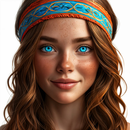 A young woman with blue eyes and long, curly brown hair. She is wearing a vibrant red headband adorned with intricate blue patterns. Her expression is serene and she gazes directly at the viewer.の素材