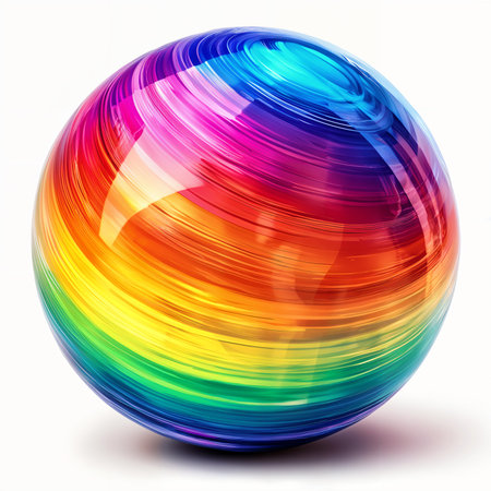 A vibrant, multicolored ball with a shiny, reflective surface, resting on a white background.の素材