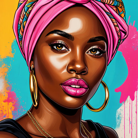 A vibrant and colorful illustration of a woman with dark skin, wearing large hoop earrings and a pink headscarf. She has a striking gaze and her lips are painted a bold shade of pink.の素材