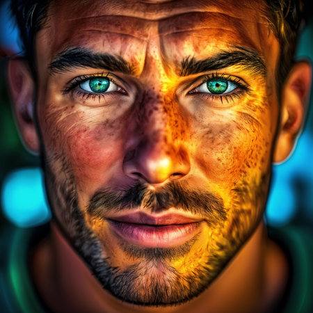 A portrait of a man with striking blue eyes and a beard, set against a blurred background that appears to be a sunset or sunrise.の素材