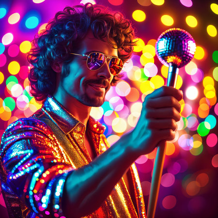 A vibrant and colorful portrait of a man dressed in a shiny, rainbow-colored outfit, holding a disco ball. He is standing against a backdrop of colorful lights.の素材