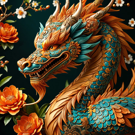 A highly detailed and ornate dragon sculpture, adorned with intricate designs and vibrant colors, set against a dark green background with orange flowers scattered around it.の素材
