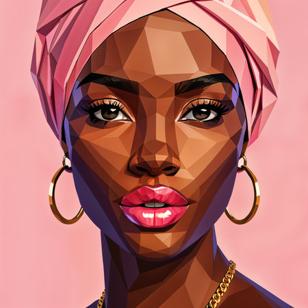 A woman with pink hair, wearing gold hoop earrings and a pink headscarf. She has a neutral expression and her lips are painted red.の素材