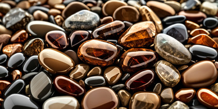A close-up view of various types of stones, including rocks and pebbles, with different colors and shapes, arranged together to create a visually appealing pattern.の素材