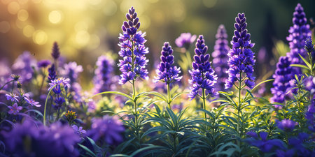 A vibrant field of purple flowers, with the sun shining brightly in the background, creating a beautiful contrast between the lush greenery and the colorful blossoms.の素材