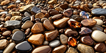 A close-up view of various types of rocks and stones, with a focus on amber-colored stones that have a smooth, polished surface.の素材