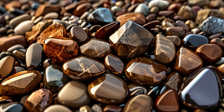 A close-up view of various types of rocks and pebbles, with a focus on the smooth, shiny surfaces of some of them.の素材