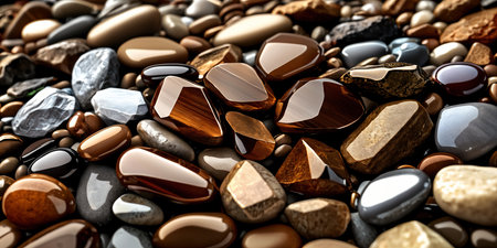 A close-up of various types of stones, including smooth and jagged rocks, with some having reflective surfaces, all scattered across the frame.の素材