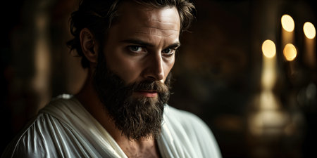 A portrait of a man with a beard, looking directly at the camera with a serious expression. He appears to be indoors, possibly in a dimly lit room with candles visible in the background.の素材