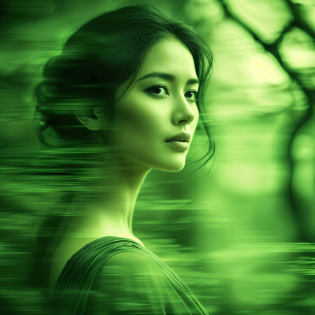 A portrait of a woman with dark hair, set against a blurred green background that suggests a forest or garden setting.の素材