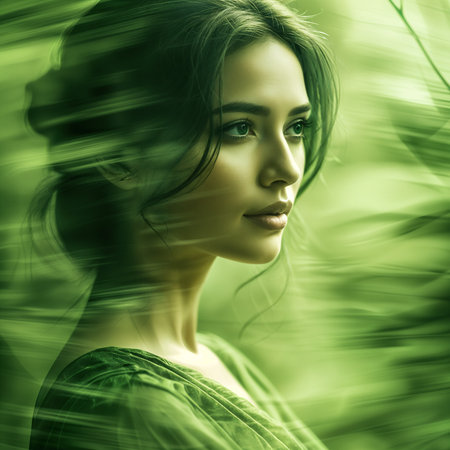 A close-up portrait of a woman with dark hair, set against a blurred green background that suggests a natural outdoor setting.の素材