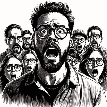 A black and white illustration of a man with glasses, surrounded by a group of people expressing shock or surprise.の素材