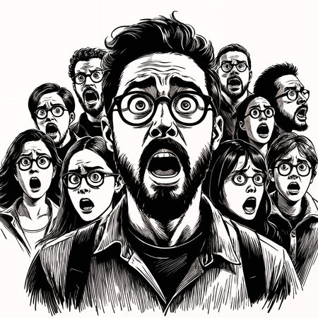 A black and white illustration of a man with glasses, surrounded by a group of people expressing shock or surprise.の素材