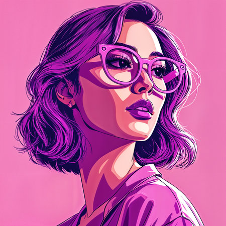 A woman with purple hair, wearing glasses and a pink top, set against a solid pink background.の素材