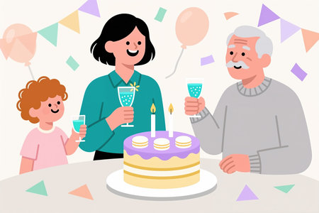 Family enjoys birthday cake and drinks in a festive cartoon illustration with colorful decorations and balloons surrounding them.の素材