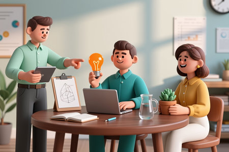 Team working together on a project with creative ideas and technology in a modern office setting with laptops, plants, and diagrams.の素材