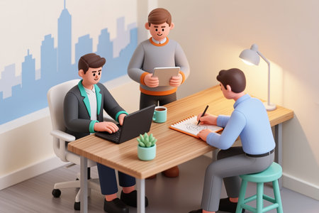 Three men collaborated in a modern office, one typing, one drawing, and one observing, amidst a cityscape background and soft lighting.の素材
