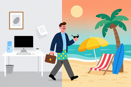 Man walks from office to beach, smiling, wearing sunglasses, holding briefcase, transitioning from work to vacation mode, with palm tree, umbrella, and surfboard in background.の素材