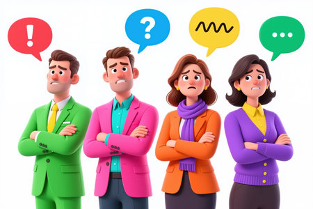 Four cartoon characters, arms crossed, with distinct facial expressions and vibrant attire, surrounded by thought bubbles containing various symbols, on a clean white background.の素材