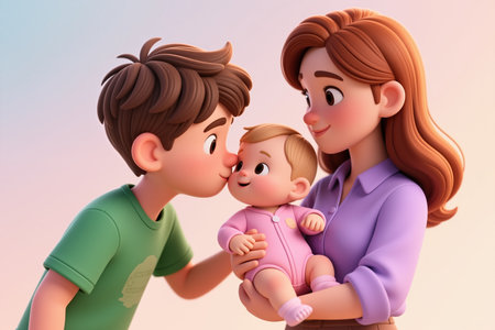 A young boy kisses a baby held by a smiling mother, in a cartoon style, against a soft pastel background.の素材