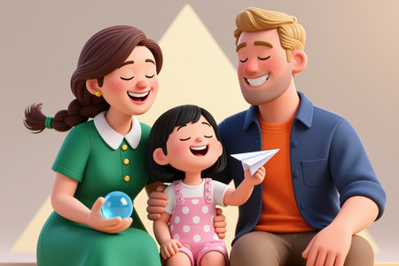 Family of three laughing and smiling in cartoon style illustration with beige background and yellow triangle shape.の素材