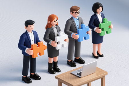Four cartoon business professionals in formal attire holding puzzle pieces, standing near a laptop on a wooden table against a clean, gradient background.の素材