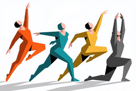 Four dancers in orange, teal, yellow, and gray outfits performing a yoga pose in unison, showcasing flexibility and harmony in a minimalist illustration style.の素材