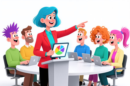 A cartoon woman in a red blazer presenting a pie chart to a group of people sitting around a table with laptops, all smiling and engaged.の素材