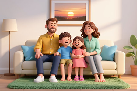 Family bonding moment on a comfortable couch in a warm living room setting with a serene atmosphere.の素材
