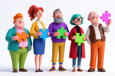 Five cartoon characters in vibrant attire stand together, holding colorful puzzle pieces, showcasing teamwork and unity in a plain white background setting.の素材