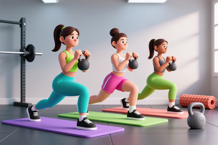 Cartoon women exercising with kettlebells in a modern gym with colorful yoga mats and equipment, depicted in a playful and vibrant style with bright colors and dynamic poses.の素材