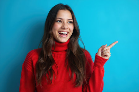A joyful woman with long brown hair wearing a red turtleneck sweater, pointing with her right hand.の素材