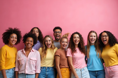A diverse group of young people smiling and laughing against a vibrant pink background, showing happiness and friendship.の素材