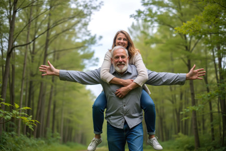 A happy older couple enjoying a playful moment in a lush, green forest, with the woman riding on the man's back.の素材