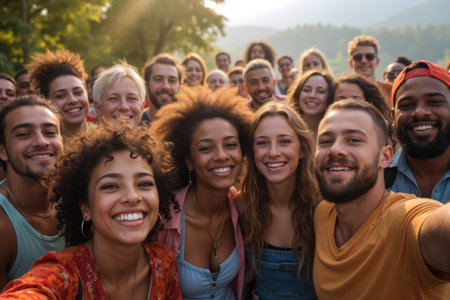 A large, diverse group of people smiling and enjoying a sunny outdoor gathering, surrounded by trees and nature.の素材