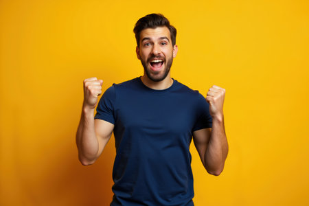 A joyful man wearing a navy blue t-shirt stands against a bright yellow background, raising his fists in celebration with an excited expression.の素材