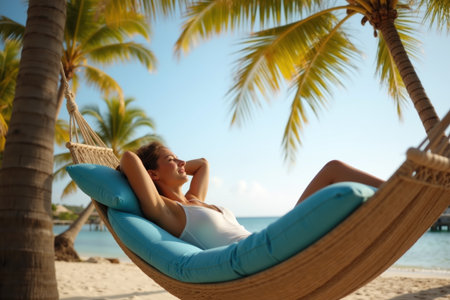 A woman relaxes in a hammock under palm trees, enjoying the serene beach view with clear blue skies.の素材