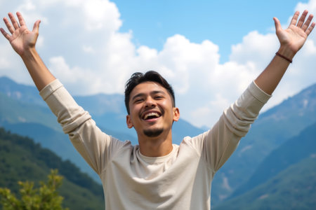 A man stands with his arms raised, smiling brightly against a backdrop of majestic mountains and a clear blue sky.の素材