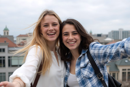 Two young women happily posing for a photo with a city backdrop, enjoying their time together.の素材