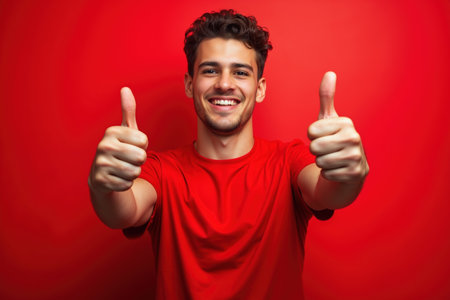 A cheerful man with curly hair wearing a red shirt, smiling and giving two thumbs up against a bright red background.の素材