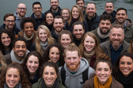 A diverse group of people smiling and enjoying a group photo by the water, dressed warmly for cool weather.の素材