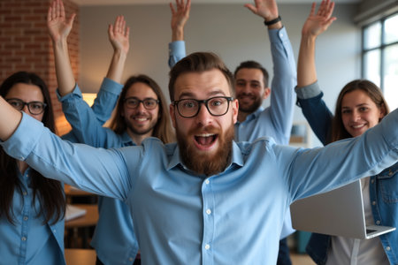 A group of happy colleagues with raised hands, celebrating in an office setting.の素材